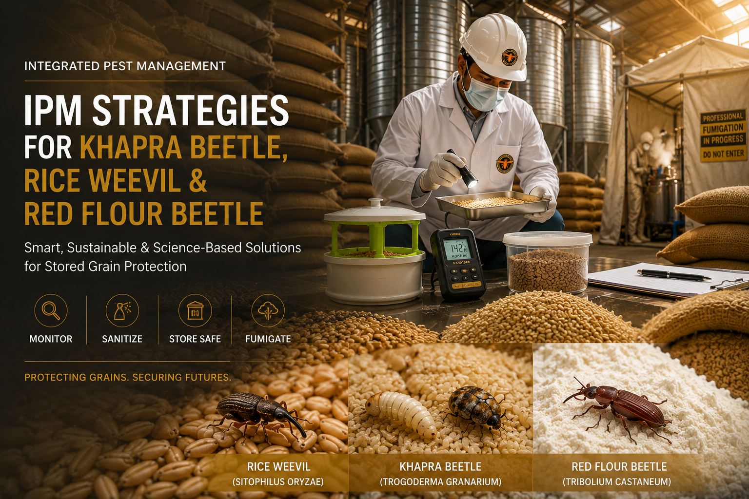 Integrated Pest Management for stored grain pests showing grain inspection and warehouse fumigation.