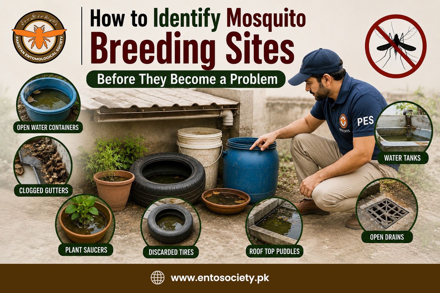 Identifying mosquito breeding sites around water tanks, drains, gutters, tires, and containers to reduce mosquito risks.