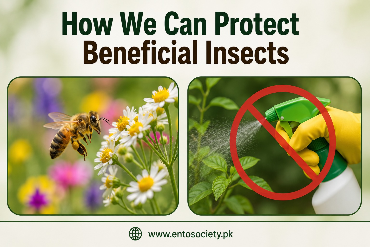This image shows ways to protect beneficial insects in Pakistan by supporting pollinators and avoiding unnecessary pesticide use.