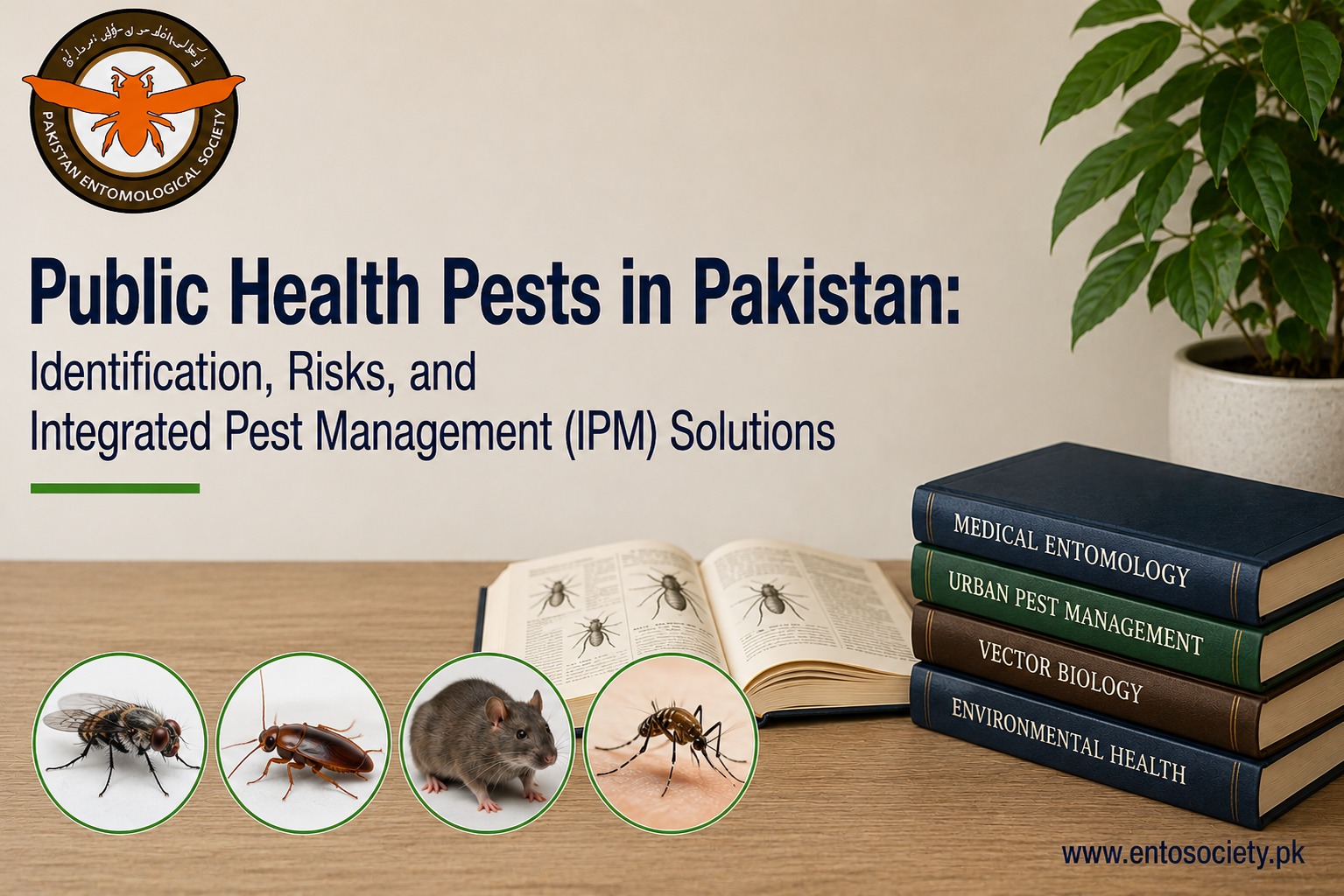 Public health pests in Pakistan guide showing fly, cockroach, rat and mosquito with IPM references, medical entomology books and pest identification.